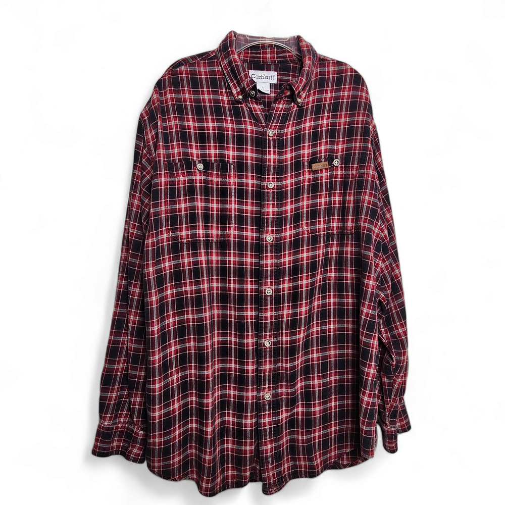 Carhartt Men's Cotton Flannel Red Black Plaid Button Down Shirt Size L